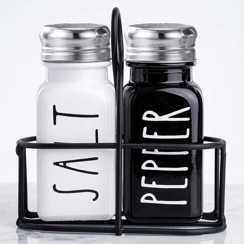 Farmhouse Salt and Pepper Shakers Set, a cute black and white premium glass shakers with stainless steel lids in a black metal holder, perfect for adding a vintage kitchen decor charm, great as a gift in Kuwait
