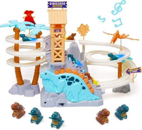 Dinosaur Chasing Race Track Game Set Double Loop Track Slide Toy Climb Stairs Toy Roller Coaster Toys with Music Educational Puzzle Playsets Gift for Toddler Kids Boys Girls Age 3+ in Saudi Arabia