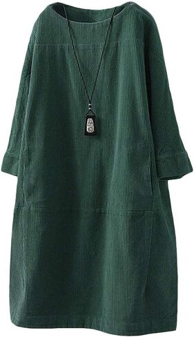 Minibee Women's Oversize Tunic Dress Corduroy Long Sleeve Tops with Pockets in Kuwait