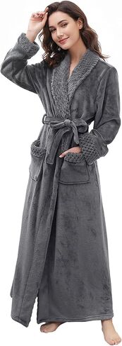Artfasion Womens Long Fleece Robe - Warm Soft Floor Length Flannel Bathrobes for Winter Thicker Long House Coat with Pockets in Kuwait