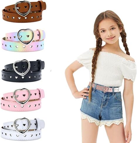 Meckerni 5 Pieces Girls Belt PU Leather Belts Cute Heart Shape With Metal Buckle Elastic Stretch Adjustable Waist Belt for Girls Jeans Dress in Kuwait