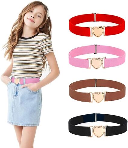Meckerni 5 Pieces Girls Belt PU Leather Belts Cute Heart Shape With Metal Buckle Elastic Stretch Adjustable Waist Belt for Girls Jeans Dress in Kuwait