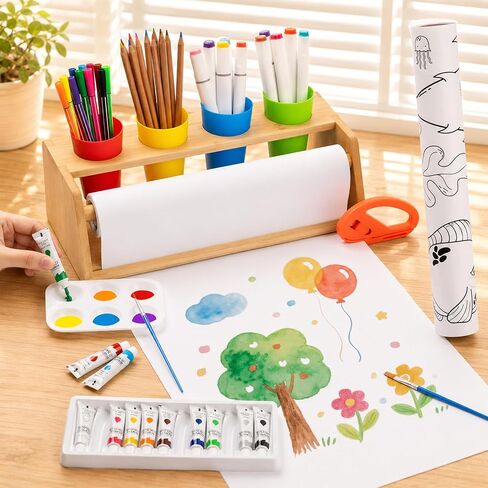 Paper Roll Dispenser for Kids Art Tabletop Easel with Blank & Patterned Paper Rolls, 12 Pigments, Drawing Tools, Pen Cups Craft Station for Kids Ages 3-8 in Home, Classroom in Saudi Arabia