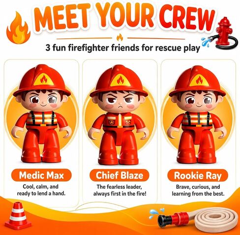 FUNERICA Fireman Toys for Kids, 3 Large Poseable Firefighter Figures & Fire Rescue Accessories, 14-Piece Firefighter Playset for Pretend Play in Saudi Arabia