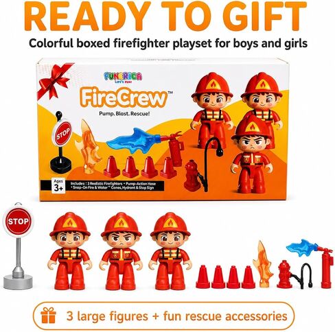FUNERICA Fireman Toys for Kids, 3 Large Poseable Firefighter Figures & Fire Rescue Accessories, 14-Piece Firefighter Playset for Pretend Play in Saudi Arabia