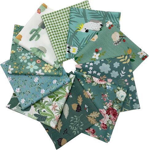 10Pcs Cotton Fabric Squares Bundles 25 x 25 cm Floral Patterns Printed Fabric Patchwork Craft Cloths for Sewing Quilting DIY Needlework Decoration Scrapbooking Handwork (Green) in Kuwait