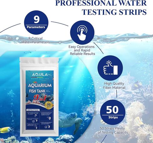 Aquarium Water Test Kit, 9 in 1, 50 Count Ammonia Test Strips for Fish Tank and Pond, Freshwater and Saltwater Testing, pH Alkalinity Hardness Chlorine Nitrite Sulfate Copper Iron in Saudi Arabia
