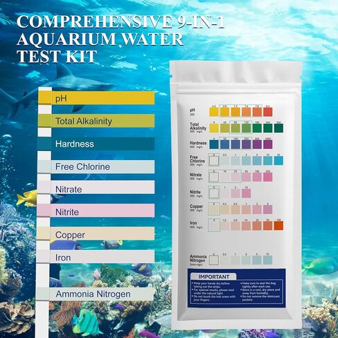 Aquarium Water Test Kit, 9 in 1, 50 Count Ammonia Test Strips for Fish Tank and Pond, Freshwater and Saltwater Testing, pH Alkalinity Hardness Chlorine Nitrite Sulfate Copper Iron in Saudi Arabia