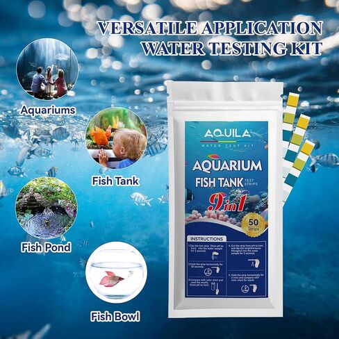 Aquarium Water Test Kit, 9 in 1, 50 Count Ammonia Test Strips for Fish Tank and Pond, Freshwater and Saltwater Testing, pH Alkalinity Hardness Chlorine Nitrite Sulfate Copper Iron in Saudi Arabia