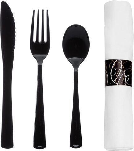 Party Essentials Party Supplies Wrapped Silverware Set Disposable, Pre Rolled Napkin and Cutlery, Spoons/Forks/Knives Black, 25 Units in Kuwait