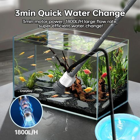 Crazyboy Electric Aquarium Gravel Cleaner 30W, 6-in-1 Automatic Fish Tank Vacuum with Strong Suction, Removable Motor, Water Changer & Sand Scraper Kit for Freshwater Saltwater Tanks in Kuwait