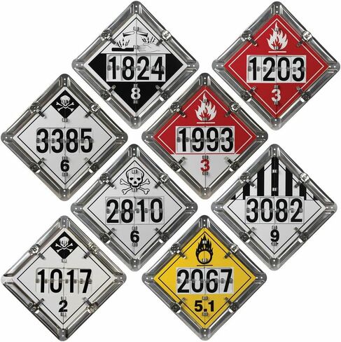 Numer-All Aluminum Flip File Placard, One Set with 8 Legends, Numbered - 13.75" x 13.75" Unpainted Back Plate with Rounded Corners - Complies with DOT Hazmat Placard Requirements in Kuwait