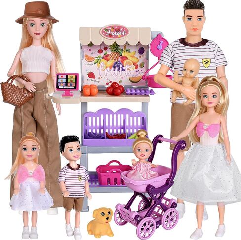 dollbie Dolls Family Playset with Baby Stroller Set- 6 People, Pets & Accessories for 3-12 Years Old | Toddler Gift with Pregnant Mom, Dad, 3 Kids, Dogs, and Interactive Play in Saudi Arabia