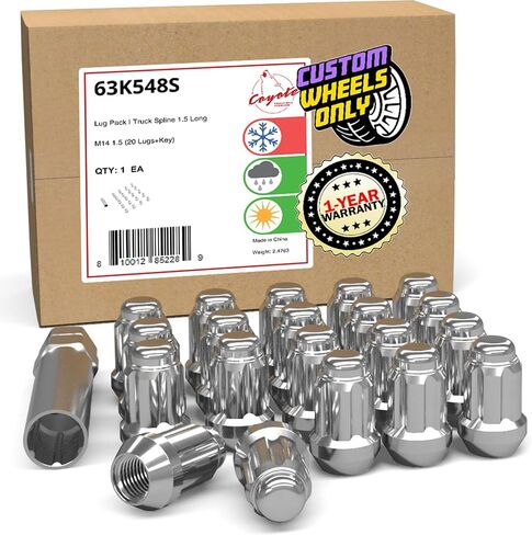 Wheel Accessories Parts Set of 20 Chrome 14x1.5 Spline Lug Nuts 1.50" Long Truck Nuts Locking Lugs Small Diameter Closed End Bulge Acorn 6 Spline Wheel Lug Nut with Key (M14 x 1.50, Chrome) in Kuwait