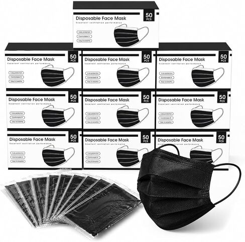 Hyegiir 3 Ply 500 Pack Disposable Face Masks Individually Wrapped For Daily Protection (500pcs Black Mask) in Kuwait
