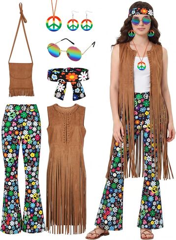 SOMSOC 7 Pieces 70s Women Hippie Costume Fringe Vest Bag Pant Headband for Halloween in Kuwait