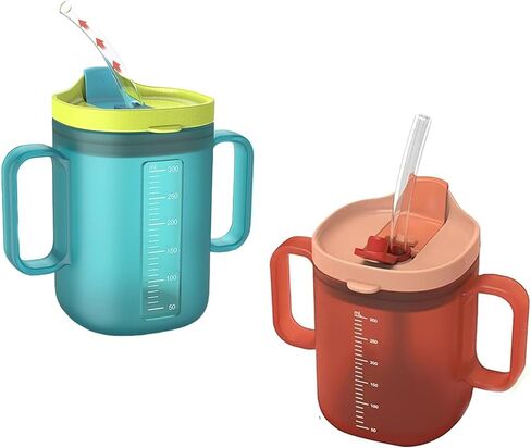 Spill Proof Sippy Cups for Seniors & Adults -10.2oz(300ml) with 2 Handles & Straw Lid, Elderly Drinking Cups for Patients, Disabled, Pregnant Women, Dishwasher Safe (Blue) (2, Blue+Orange) in Saudi Arabia
