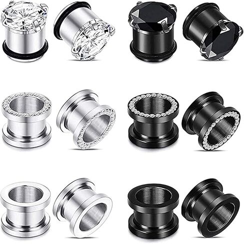 YOFANST 6pcs-12pcs Stainless Steel Clear Black Zircon Ear Tunnels Clear CZ Ear Stretcher Expander Piercing Diamond Gauge Plugs Set 8g-5/8 inch in Kuwait