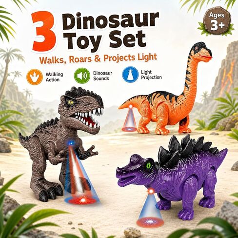 Lucky Doug 3 Pack Electric Walking Dinosaur Toys for Boys Aged 2 3 4 5 6 7 Years Old, Kids Dino Robot with Sounds ＆ Lights, Perfect Jurassic Tyrannosaurus Rex Gift for Birthday 3-5 Years in Saudi Arabia