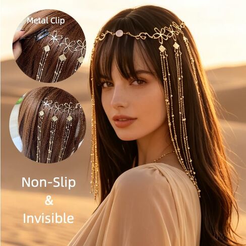 Gold Flower Beaded Tassel Forehead Head Chain, Boho Hair Accessories in Saudi Arabia