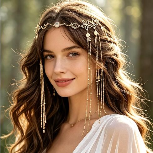 Gold Flower Beaded Tassel Forehead Head Chain, Boho Hair Accessories in Saudi Arabia