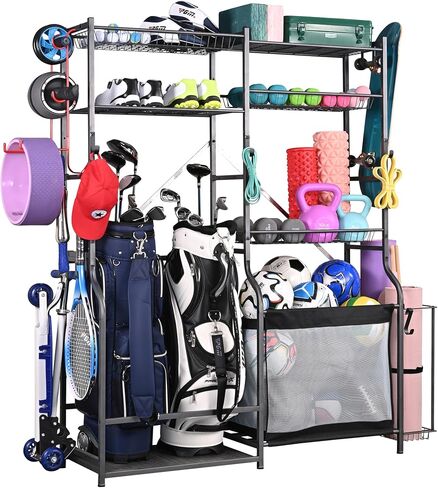 PLKOW Golf Storage Ball Rack Garage Organizer, 2 Golf Bag Organizer and Other Sports Equipment Organizer for Garage, Extra Large Size Sports Storage Rack for Garage in Kuwait