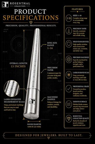 Rosenthal Collection Exquisite Craftsmanship: Premium Solid Stainless Steel Ring Sizing Mandrel for Accurate Measurements, Sizes 1-16 in Saudi Arabia