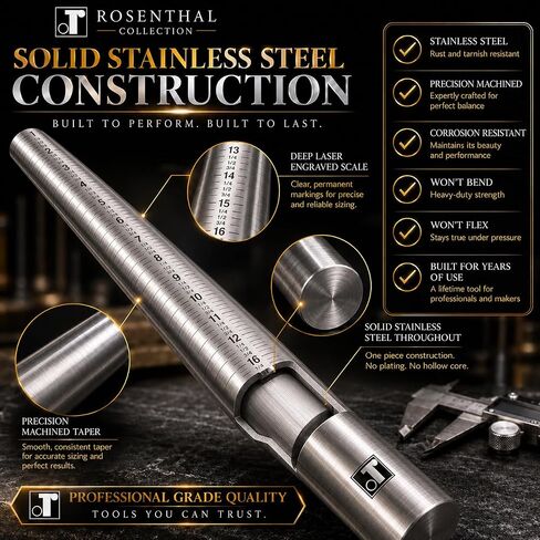 Rosenthal Collection Exquisite Craftsmanship: Premium Solid Stainless Steel Ring Sizing Mandrel for Accurate Measurements, Sizes 1-16 in Saudi Arabia