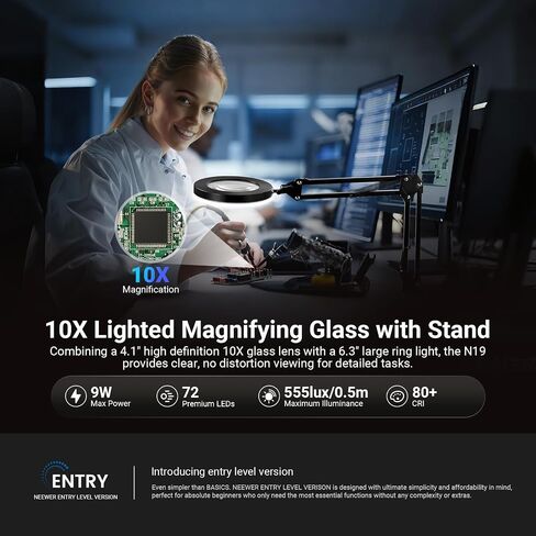NEEWER Entry Level Version 10X Magnifying Glass with Light & Clamp Stand, 6.3" Bi Color Dimmable Magnifier Lamp LED Ring Light CRI80+ for Desk Crafting Reading Close up Work, N19 in Saudi Arabia