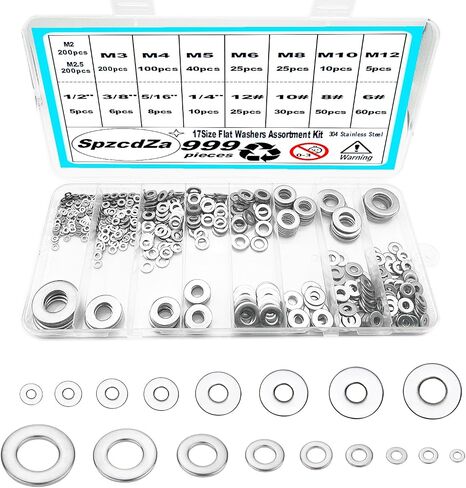 Washers, 999Pcs Washers for Screws, 304 Stainless Steel Flat Washers, Flat Washers for Bolts Assortment, Fender Washers Set, Metal Washers,17Sizes(M2 - M12 and #6-1/2") in Kuwait