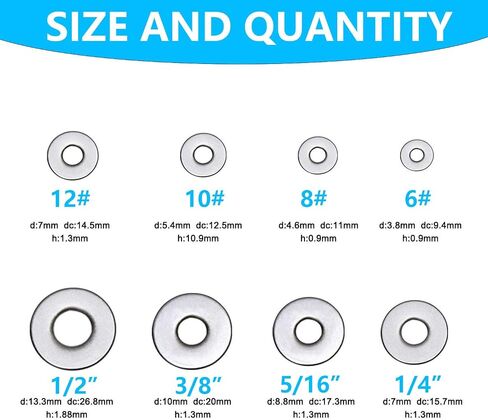 Washers, 999Pcs Washers for Screws, 304 Stainless Steel Flat Washers, Flat Washers for Bolts Assortment, Fender Washers Set, Metal Washers,17Sizes(M2 - M12 and #6-1/2") in Kuwait