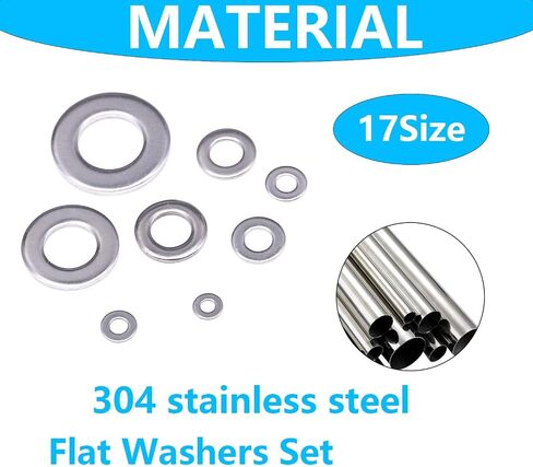Washers, 999Pcs Washers for Screws, 304 Stainless Steel Flat Washers, Flat Washers for Bolts Assortment, Fender Washers Set, Metal Washers,17Sizes(M2 - M12 and #6-1/2") in Kuwait