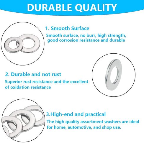 Washers, 999Pcs Washers for Screws, 304 Stainless Steel Flat Washers, Flat Washers for Bolts Assortment, Fender Washers Set, Metal Washers,17Sizes(M2 - M12 and #6-1/2") in Kuwait