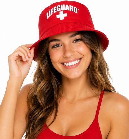 قبعة دلو حمراء مرخصة رسميًا من LIFEGUARD للرجال والنساء، مصنوعة من القطن الناعم للجنسين لحمام السباحة على الشاطئ in Kuwait