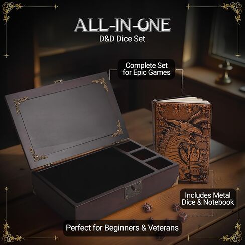 Dungeons and dragons starter set 3 in 1 - dnd dice tray with metal dnd set - dnd dice box | DND starter set with dnd journal (200 Page) - dnd starter kit for Dungeons & Dragons Players in Kuwait