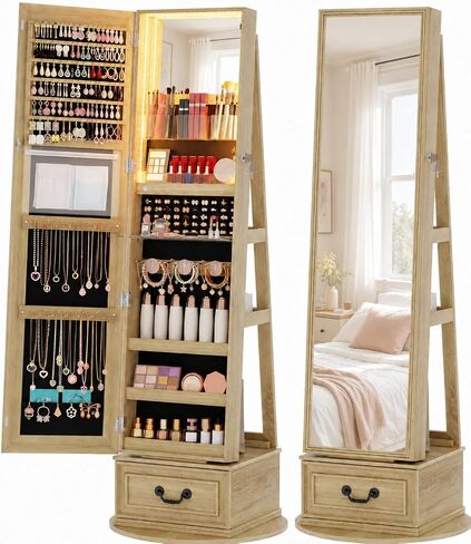 Vlsrka 360° Swivel Jewelry Mirror Cabinet with Lights, Standing Jewelry Armoire Organizer Rotatable Full Length Mirror with Jewelry Storage, Lockable with Rear Storage Shelves, Built-in Makeup Mirror in Kuwait