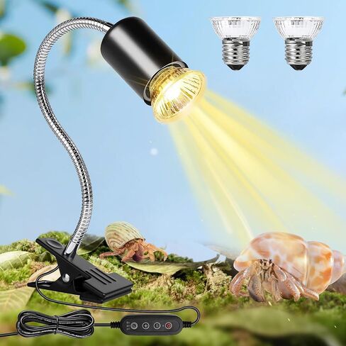 Hermit Crab Heat Lamp, Reptile Heat Lamp with Clamp, Reptile Light with Rotatable Hose and Timer, Suitable for Reptiles Lizard Turtle Tortoise Snake Bearded Dragon Hermit Crab, 2 Bulbs 25W+50W in Kuwait