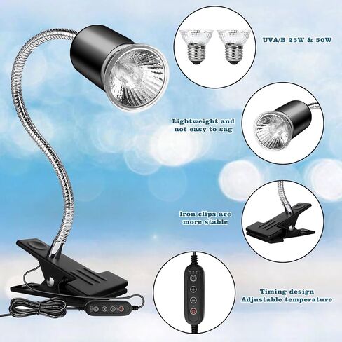 Hermit Crab Heat Lamp, Reptile Heat Lamp with Clamp, Reptile Light with Rotatable Hose and Timer, Suitable for Reptiles Lizard Turtle Tortoise Snake Bearded Dragon Hermit Crab, 2 Bulbs 25W+50W in Kuwait