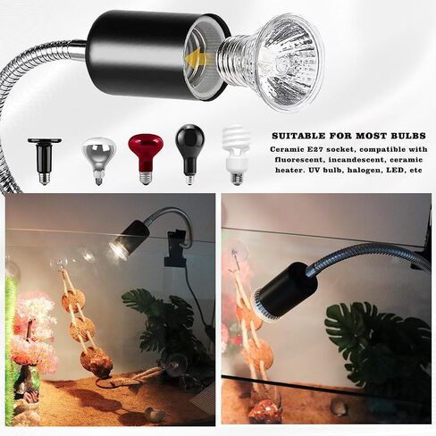 Hermit Crab Heat Lamp, Reptile Heat Lamp with Clamp, Reptile Light with Rotatable Hose and Timer, Suitable for Reptiles Lizard Turtle Tortoise Snake Bearded Dragon Hermit Crab, 2 Bulbs 25W+50W in Kuwait