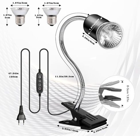 Hermit Crab Heat Lamp, Reptile Heat Lamp with Clamp, Reptile Light with Rotatable Hose and Timer, Suitable for Reptiles Lizard Turtle Tortoise Snake Bearded Dragon Hermit Crab, 2 Bulbs 25W+50W in Kuwait