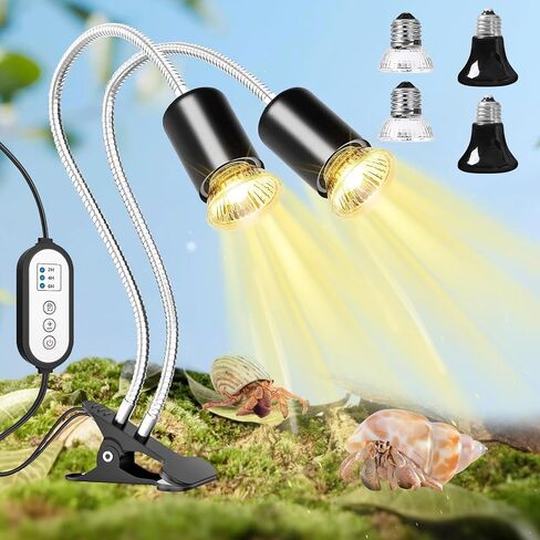 Hermit Crab Heat Lamp, Reptile Heat Lamp with Clamp, Reptile Light with Rotatable Hose and Timer, Suitable for Reptiles Lizard Turtle Tortoise Snake Bearded Dragon Hermit Crab, 2 Bulbs 25W+50W in Kuwait