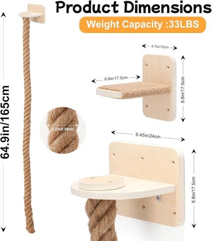 Uross 2.2" x 5.4Ft Cat Climbing Rope Wall Mounted with Jumping Platform Thick Natural Jute Rope Ladder & Scratching Post, Heavy Duty Cat Wall Furniture for Indoor Cats, Kittens & Large Cats in Kuwait