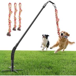 Tether Tug Outdoor Dog Rope Toy, Adjustment Height Upgraded Spring Pole, Includes 3 Chew Ropes, Interactive Tug of War Toy for Large Medium Small Dogs, Exercise Game in Yard, Lawn, Park in Kuwait