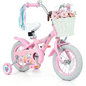 Olakids Kids Bike, 12 14 16 18 Inch Sweet Heart Theme Girls Bicycle with Training Wheels, Carry Handle, Adjustable Handlebar and Seat, Basket, Streamers for Age 3-12 in Kuwait