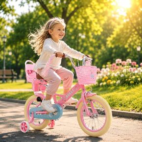 RULLY Kids Bike 12 14 16 inch for 2-7 Years Girls with Training Wheels & Front Handbrake, Kids Bicycle with Basket Bike Streamers Toddler Cycle Bikes in Kuwait