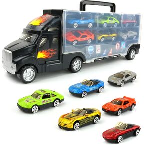 Big Mo's Toys Transport Car Carrier Truck - with 6 Stylish Metal Racing Cars - with Carrying Case in Kuwait