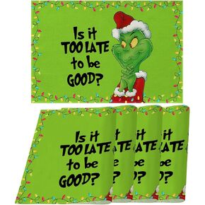 Linen Grinchmas Placemats Set of 4 Merry Christmas Table Mats Green Elf Winter Holiday Party Decorations for Home Kitchen Table Supply (Green, 12" x 18") in Saudi Arabia