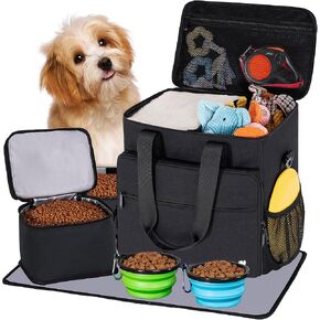 5 Set Dog Travel Bag for Supplies, Dog Lovers, Large Pet Travel Kit Includes 2 Food Containers&2 Collapsible Bowls、Placemats,Black in Saudi Arabia