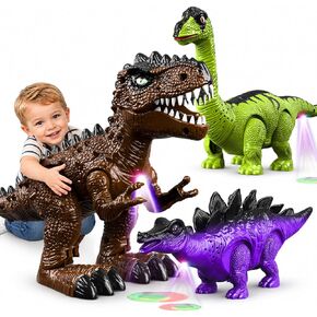 3 Pack Electric Walking Dinosaur Toys for Kids Ages 3 4 5 6 7 8, Moving Dinosaur Figures with Lights and Roaring Sounds, T-Rex Brachiosaurus Stegosaurus Dinosaur Set Birthday Gifts for Boys Girls in Kuwait