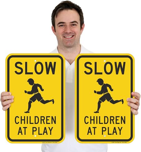 SmartSign 18 x 12 inch “Slow - Children at Play" Metal Sign, Screen Printed, 63 mil Laminated Rustproof Aluminum, Black and Yellow in Kuwait